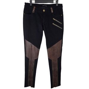 Devil Fashion Black Brown Faux Leather Accent Moto Zipper Skinny M Low‎ Rise